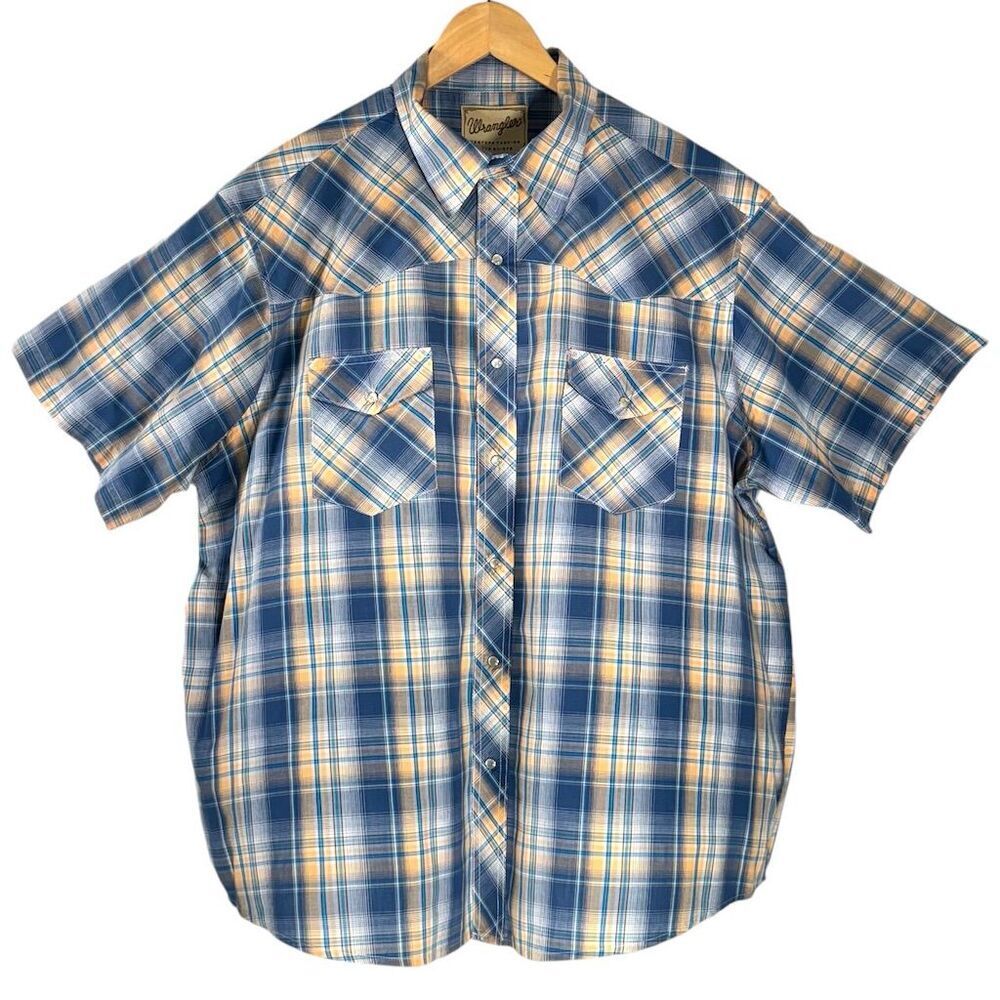 Wrangler Blue Plaid 2XL Plaid Western Pearl‎ Snap Shirt Short Sleeve Men’s